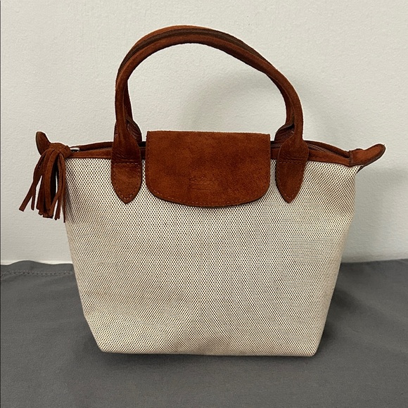 Longchamp Paris Handbags - Vintage Longchamp Paris Cream Canvas Tote with Brown Suede Trim and Tassel